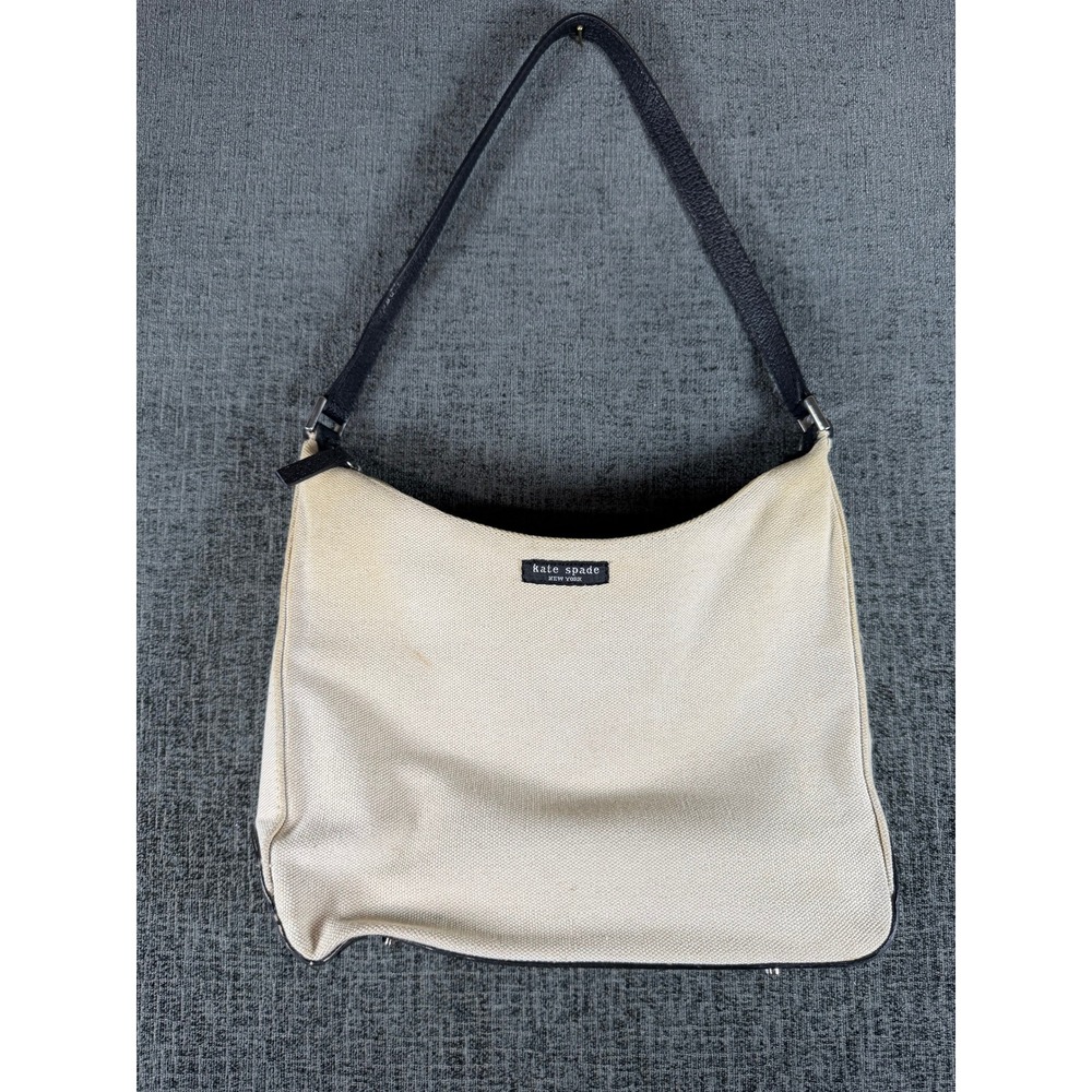 Kate Spade New York Canvas Shoulder Bag Cream Black Leather Trim Hobo Bag